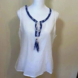 Natura White Cotton Sleeveless Top with Blue Trim and Tassels in Size Large.